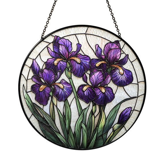 Botanical Iris Stained Glass Window Hanging, Graceful Nature Inspired Home Accent