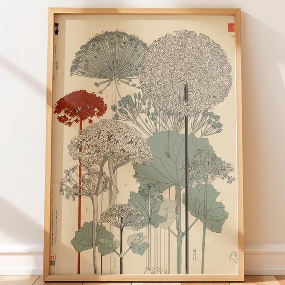 Botanical Japanese Retro Illustration Of Tall Umbel Flowers Vintage ...