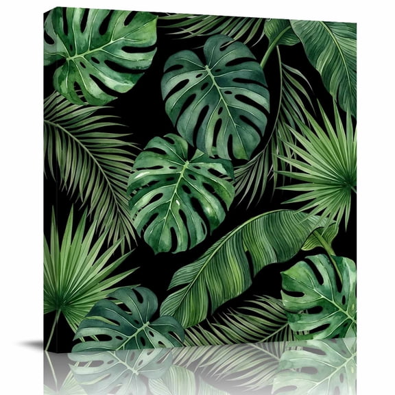 Botanical Jungle Foliage Monstera Canvas Artwork Painting Art, Green Leaves on Black Square Framed Wall Decorations Prints Picture for Bedroom Kitchen Living Room, 16x16 in