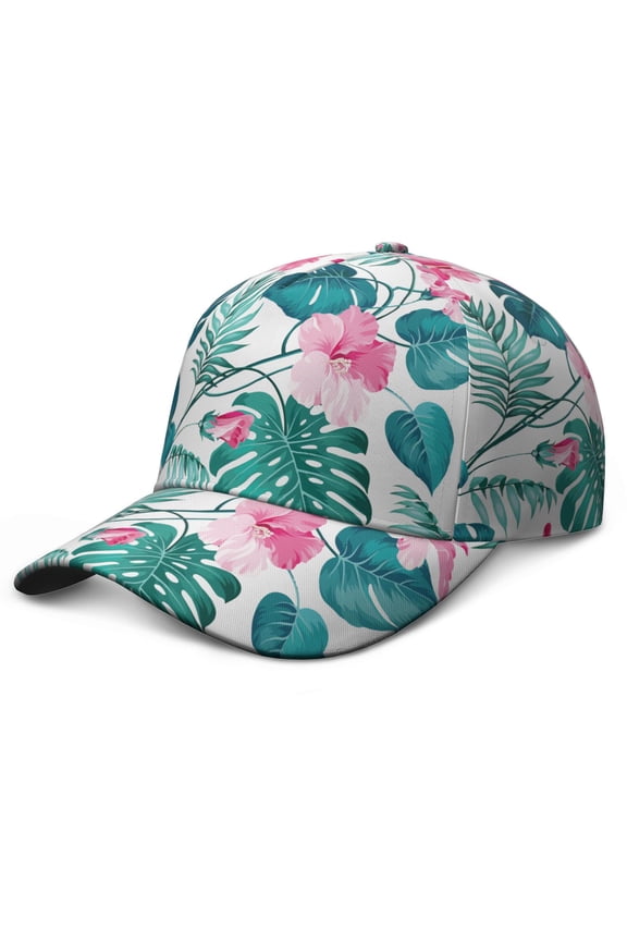 Botanical Jungle Leaves Dad Hat, Washed Unstructured Baseball Cap with Lightweight Breathable Fabric, Tropical Floral and Hawaiian Print Adjustable Cap for Hiking and Camping