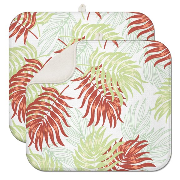 Botanical Jungle Leaves Dish Drying Mat – Tropical Floral and Hawaiian Palm Leaf Pattern, Colorful Style