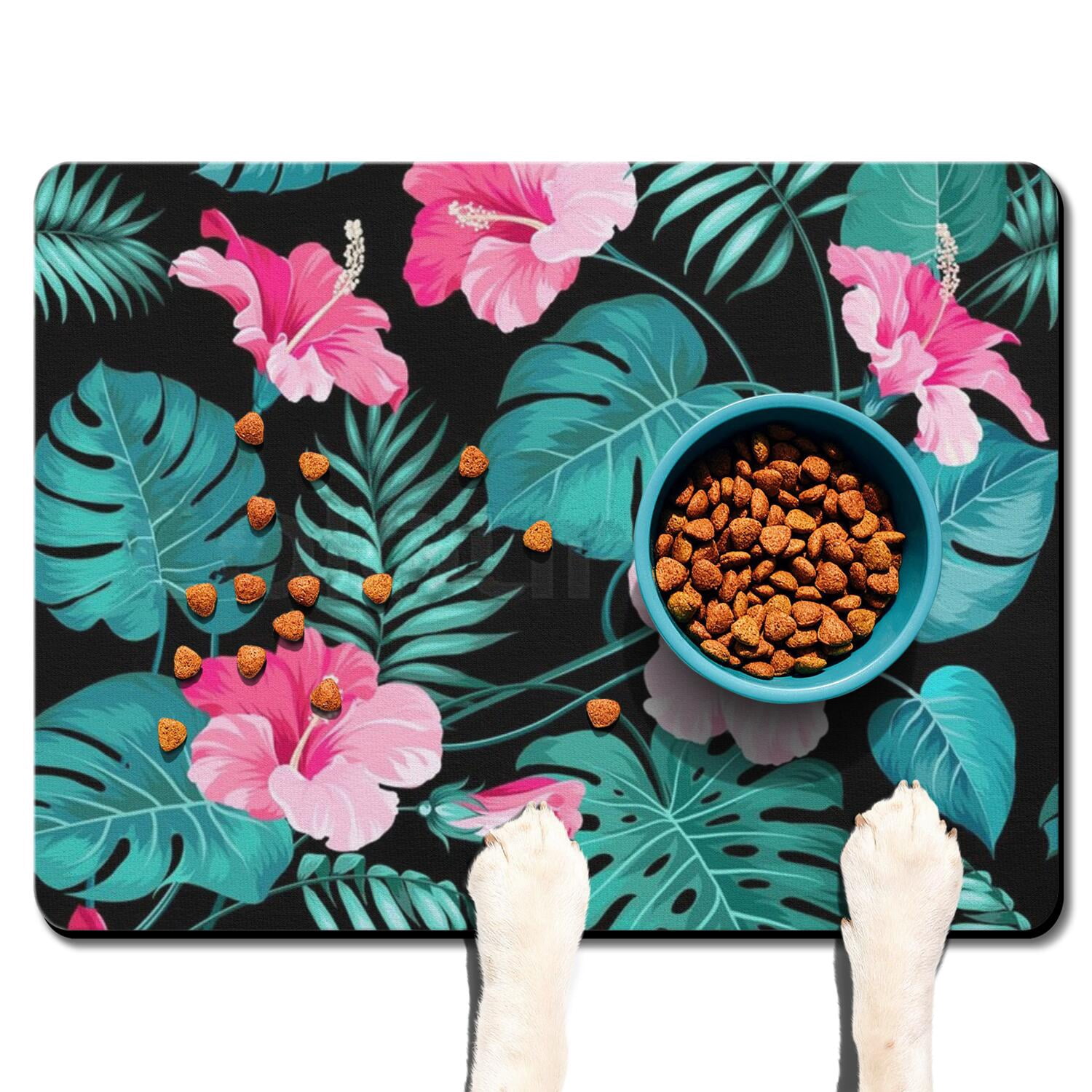 Image showcasing Botanical Jungle Leaves Dog Food Mat Featuring Vibrant Tropical Floral ...