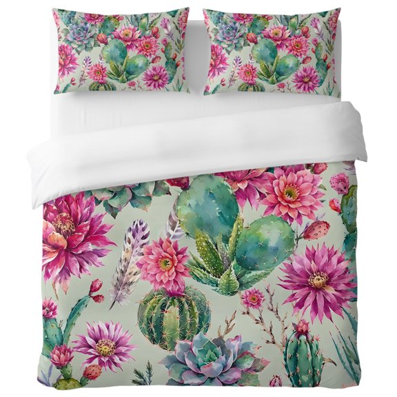 Botanical King Duvet Cover Set, Vintage Boho Desert Green Cactus Magenta Flower Feather Decorative 3 Piece Bedding Set with Zipper Closure Soft Breathable Microfiber Comforter Cover 2 Pillowcases