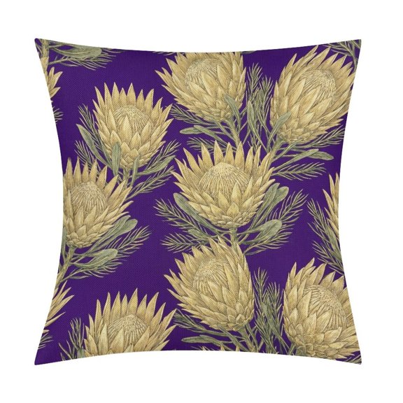 Botanical King Protea Floral Print on Purple BackgroundSet of 2 Premium Faux Linen Pillow Covers, Envelope Style Cushion Cases for Bedroom