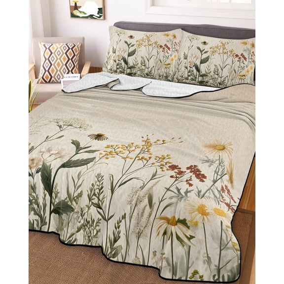 Botanical King Size Down Alternative Comforter, Lightweight Comforter Quilt Bedding Set with Pillow Shams Retro Plant Wildflower Green Leaf Ferns All Seasons Bed Comforter Duvet Insert 96"x106"