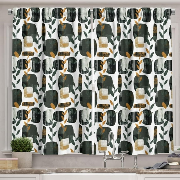 Botanical Kitchen Curtains, Modern Abstract Art Geometric Shapes in Dark Tones Vertical Branches, Window Drapes 2 Panel Set for Kitchen Cafe Decor, 55" x 36", Charcoal Grey Evergreen