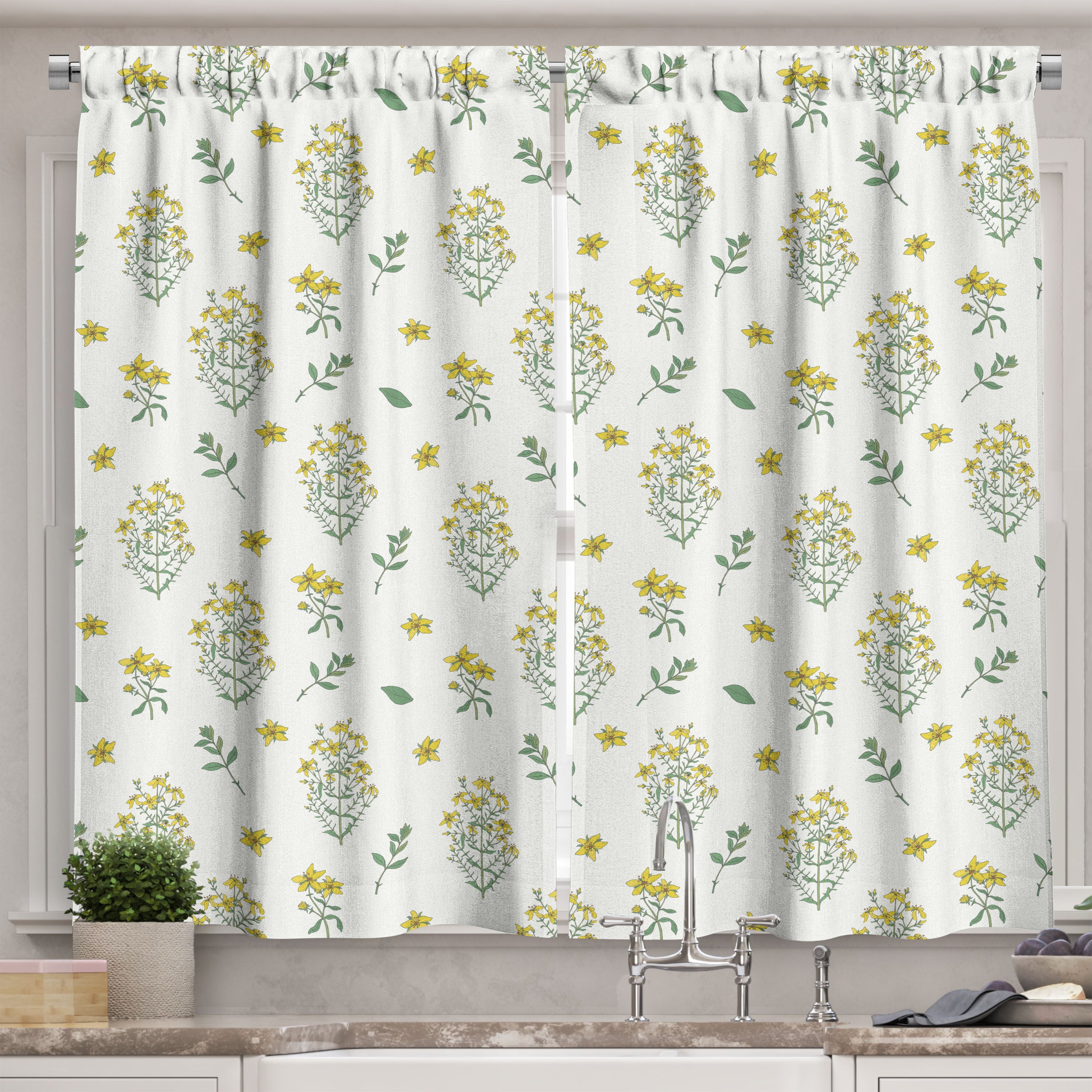 Botanical Kitchen Curtains, Remedy Concept Healing Wildflowers and