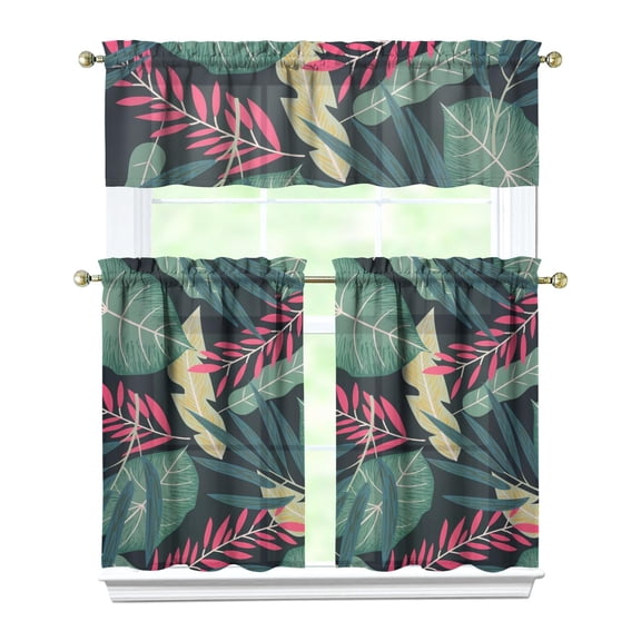 Botanical Kitchen Curtains Set, 3 Piece Rod Pocket Curtains Set, Tropical Plant and Leafy Design Kitchen Window Curtains for Families