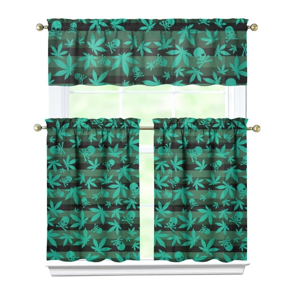 Botanical Kitchen Curtains Set 3pcs 27.5x36 Inch, Bamboo and Maple Leaves Pattern Polyester Valance and Tiers, Autumn Plant Print Drapes for Small Bathroom or Kitchen