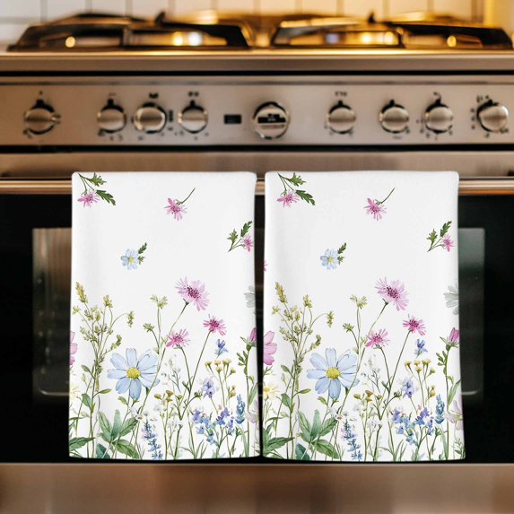 Botanical Kitchen Towels Set of 2, Blue Pink Daisy Floral Watercolor White Absorbent Dish Towels for Kitchen, Microfiber Hand Towel, Quick Drying Tea Towel for Cleaning Decorative Dishcloths