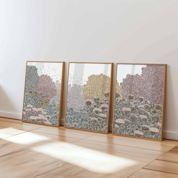 Botanical Landscape Pastel Nature Abstract Floral Art Set 3 Stretched ...