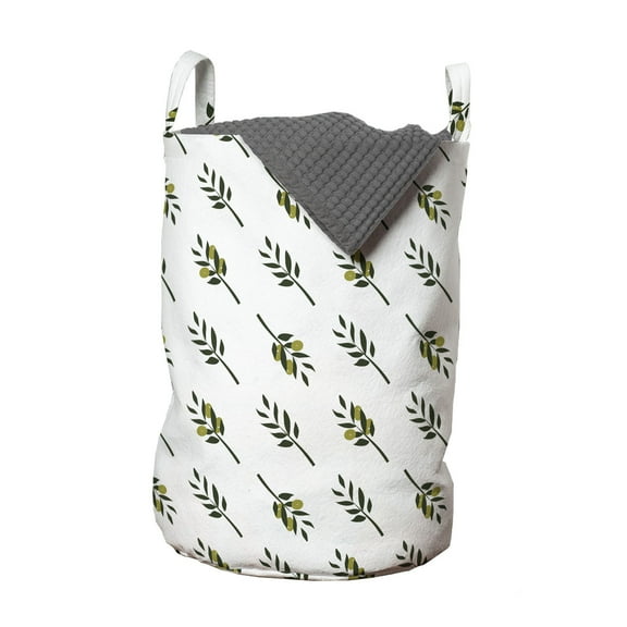 Botanical Laundry Bag, Diagonal Symmetric Olive Branches Pattern on Plain Background, Hamper Basket with Handles Drawstring Closure for Laundromats, 13" x 19", Evergreen Olive Green, by Ambesonne
