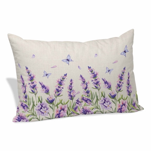 Botanical Lavender Floral Pillow Covers, Linen Long Throw Pillow Case, Purple Flowers Butterfly Beige Holiday Pillow Protector Decorative Cushion Cover for Living Room/Bedroom 20" x 26"