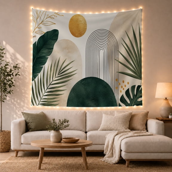 Botanical Leaf and Arch Abstract Art with Cream Background, Serene Boho for Plant Lovers, Nature Inspired Wall Decor, Housewarming Gift Tapestry Wall Hanging for Bedroom and Living Room