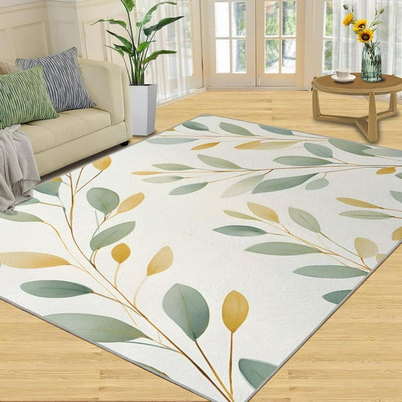 Botanical Leaf Area Rug Gold Watercolor Plant Bedroom Rugs Minimalist Green Plant Living Room Rug, Indoor Non-Slip Carpet For Front Entrance Floor Decor 1x2ft
