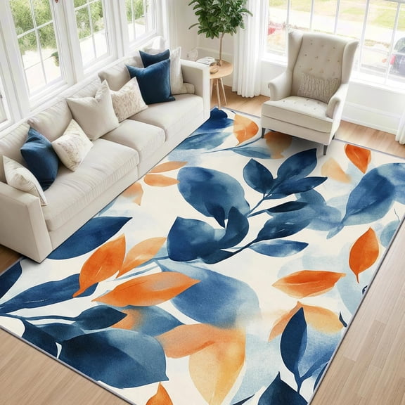 Botanical Leaf Area Rugs, Blue Orange Garden Carpet, Washable Non Slip Low Pile Soft Rug for Living Room Bedroom Decor Mat 2x3ft