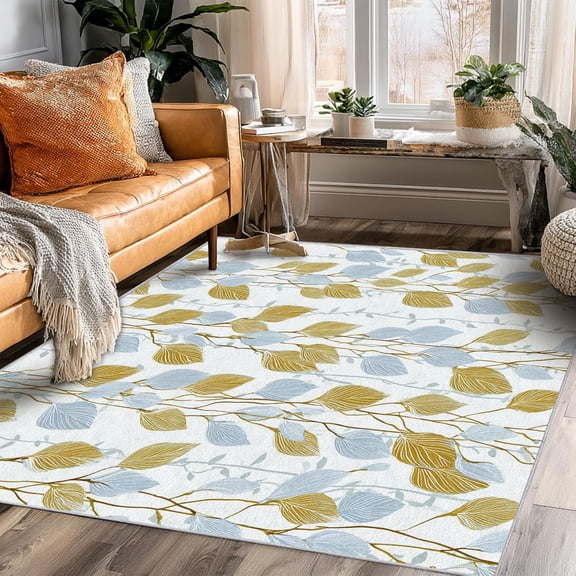 Botanical Leaf Area Rugs, Blue Yellow Vine Carpet, Washable Non Slip Low Pile Soft Rug for Bedroom Living Room Decor Mat 2ftx3ft