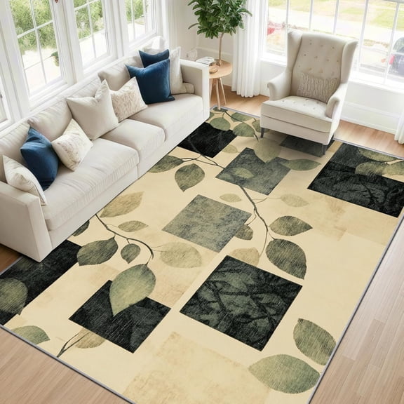 Botanical Leaf Area Rugs, Geometric Distressed Green Carpet, Washable Non Slip Low Pile Soft Rug for Living Room Bedroom Decor Mat 2x3ft