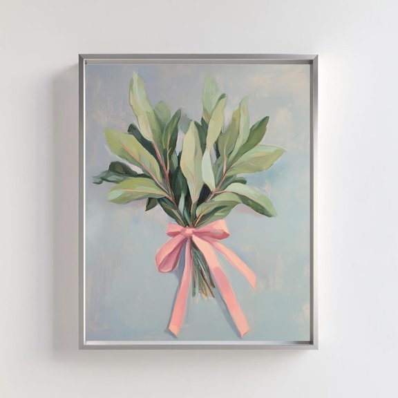 Botanical Leaf Bouquet Art Pastel Greenery Pink Ribbon Decor Unframed Paper Print