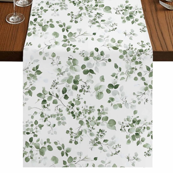 Botanical Leaf Print 36 Inch Table Runner, Spring Emerald Foliage Eucalyptus Farmhouse Dresser Scarf Cotton & Linen Tablerunner for Dining/Kitchen Island/Holiday Party Décor Small 13" x 36"