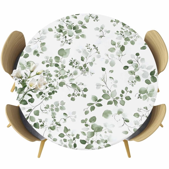 Botanical Leaf Print Round Tablecloth 36-44 Inch Round Fitted Table Cloth with Elastic Edge, Spring Emerald Foliage Eucalyptus Waterproof Table Cover Protector for Outdoor Picnic Party Dining