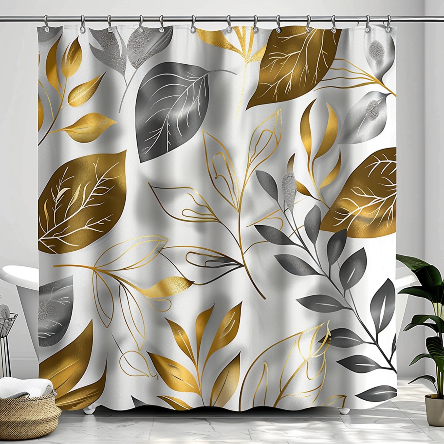 Botanical Leaf Shower Curtain with Elegant Gold Accents Grey Background ...
