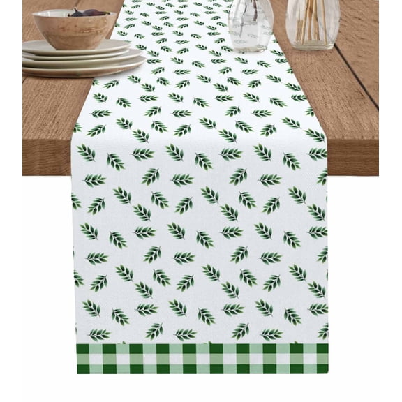 Botanical Leaf Table Runner 70 Inches, Green Buffalo Plaid Checkered Country Bed Runner Dresser Scarves Tabletop for Indoor Outdoor Parties/Ceremony/Banquet, 13" x 70"