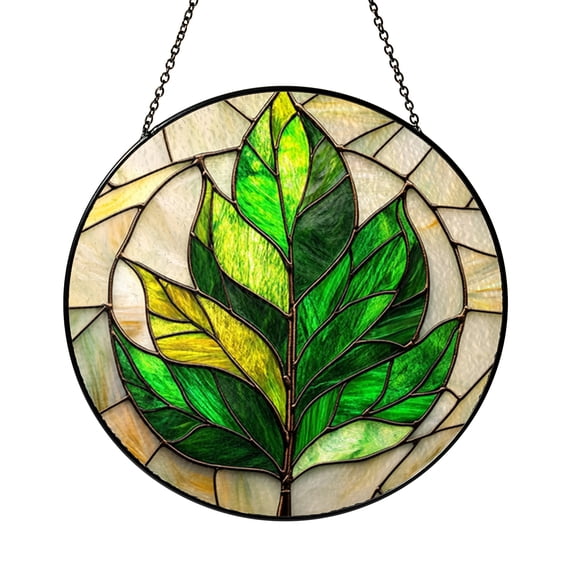 Botanical Leaf Window Panel, Faux Stained Glass Green Design for Garden Homes and Gift Ideas