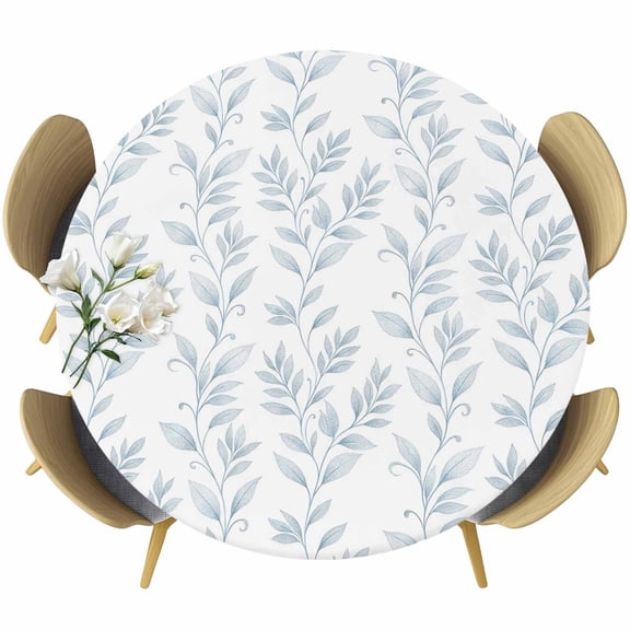 Botanical Leafy Vines Round Tablecloth 45-54 Inch Round Fitted Table Cloth with Elastic Edge, Coastal Dusty Blue Farmhouse Leaves Waterproof Table Cover Protector for Outdoor Picnic Party Dining