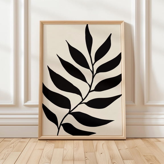 Botanical Leaves Black Beige Mid Century Modern Design Minimalist Living Artistic Portrait Decor
