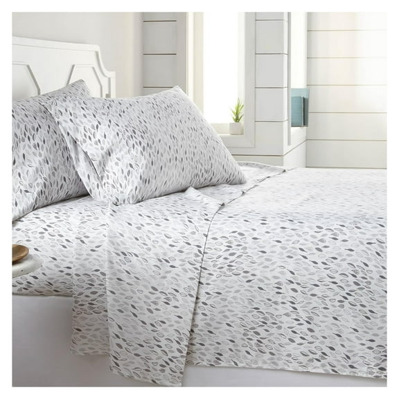 Botanical Leaves Collection, 3-Piece White Sheet Set with Grey Leaves, 14-Inch Deep Pocket Sheets, White Flat Sheet, Standard Pillowcase, Microfiber Sheets Twin Botanical Leaves White-Grey