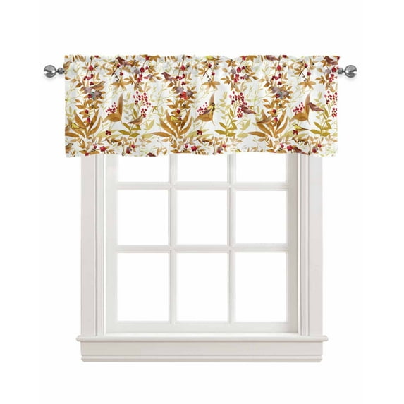 Botanical Leaves Linen Curtain Valance for Bedroom/Bathroom/Kitchen/Office/Living/Dining Room Windows, Watercolor Pattern Herb Birds Rod Pocket Topper Decorative Cafe Drapes Panel 54"x18"