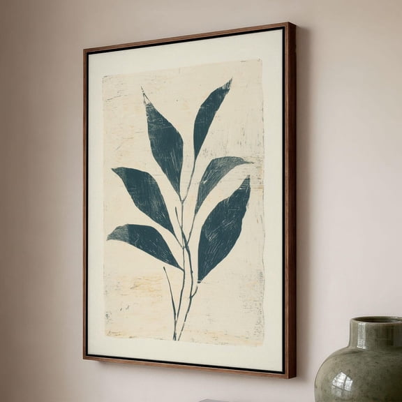Botanical Leaves Linocut Print Deep Blue And Cream Art, Unframed Paper Print