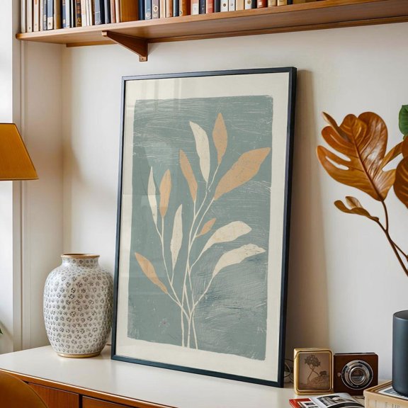 Botanical Leaves Linocut Style Teal And Cream Print, Unframed Paper Print
