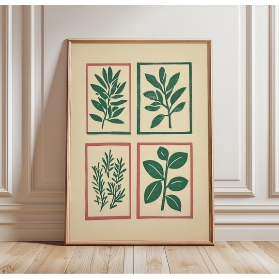 Botanical Leaves Poster Modern Herb Grid Minimal Plant Illustration, Unframed Poster