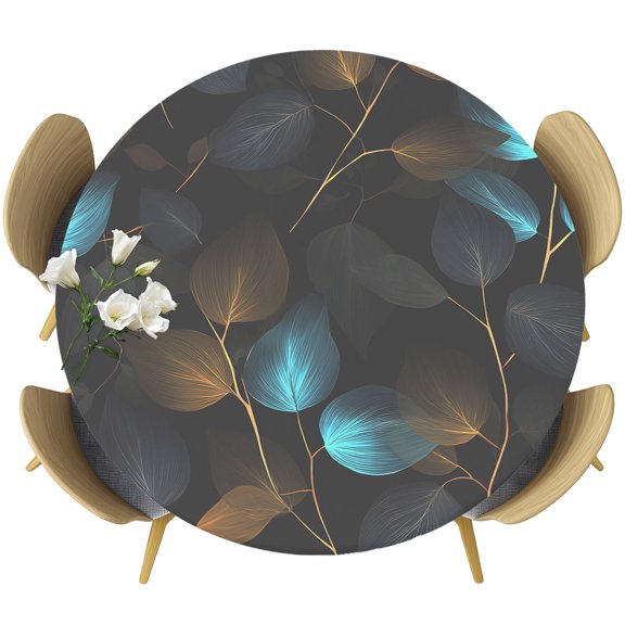 Botanical Leaves Round Tablecloth 36-44 Inch Round Fitted Table Cloth with Elastic Edge, Brown Gray Blue Leaf Branches Boho Summer Waterproof Table Cover Protector for Outdoor Picnic Party Dining