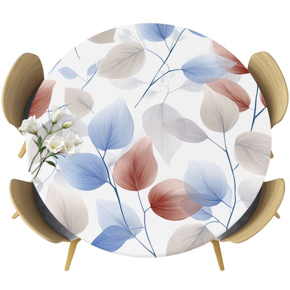 Botanical Leaves Round Tablecloth 36-44 Inch Round Fitted Table Cloth with Elastic Edge, Brown Gray Blue Leaf Summer Branches Waterproof Table Cover Protector for Outdoor Picnic Party Dining