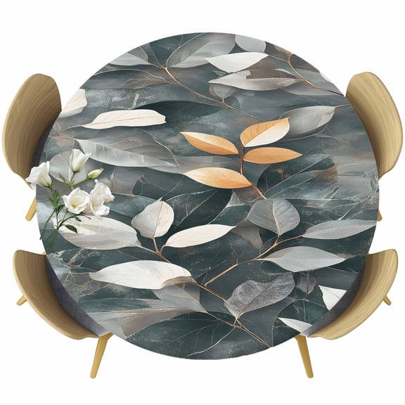 Botanical Leaves Round Tablecloth 36-44 Inch Round Fitted Table Cloth with Elastic Edge, Vintage Leaf Plants Vines Branches Waterproof Table Cover Protector for Outdoor Picnic Party Dining