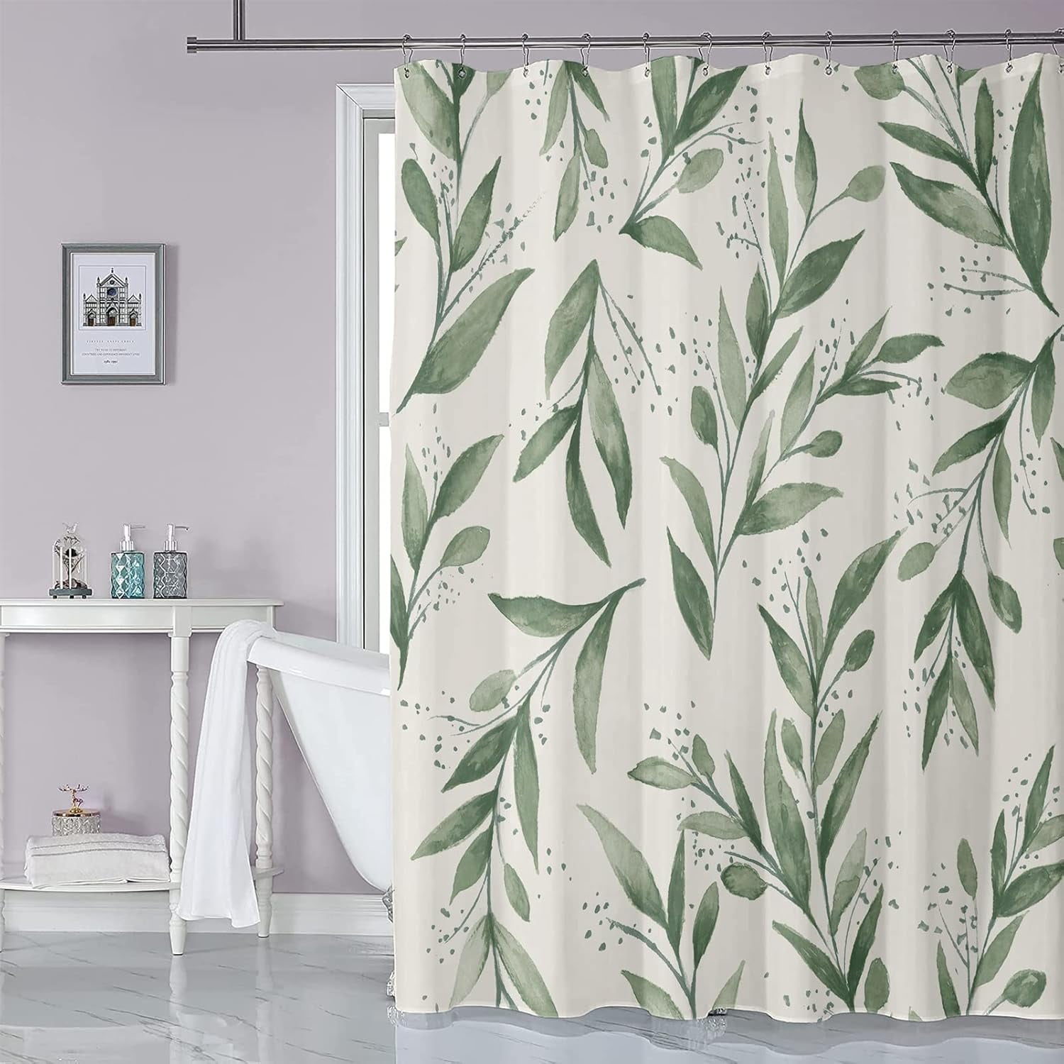 Botanical Leaves Shower Curtain Green and Beige Watercolor Branch Plant ...