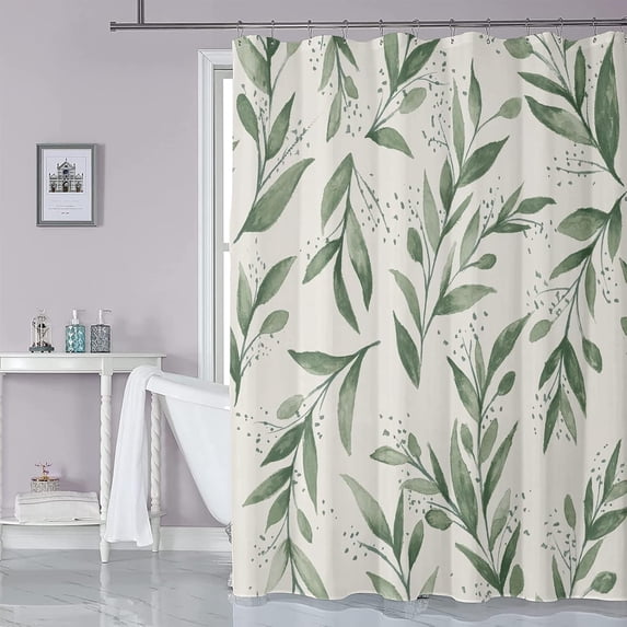 Botanical Leaves Shower Curtain Green and Beige Watercolor Branch Plant Leaf Fabirc Shower Curtains for Bathroom Decor with Hooks Green Fabric Nature Decorative Bath Curtains Waterproof,72x72