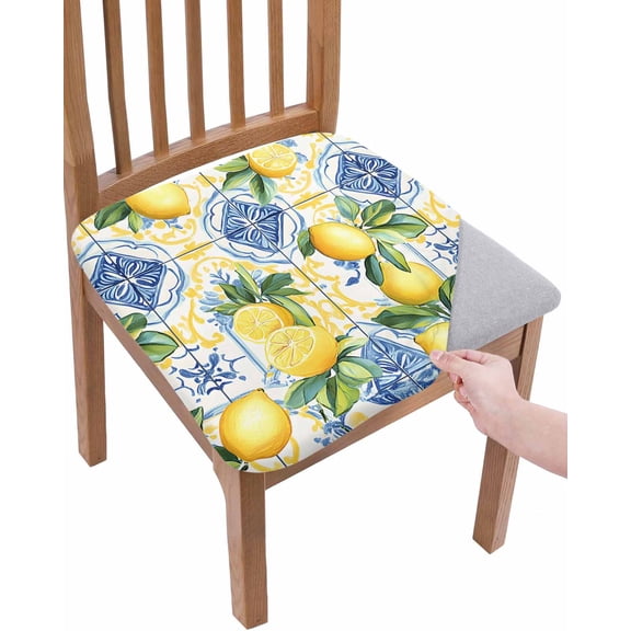 Botanical Lemon Chair Seat Covers for Dining Room Stretch Chair Seat Covers Set of 2, Spring Countryside Floral Blue Tile Chair Seat Protector Cushion Slipcovers for Kitchen Restaurant Office