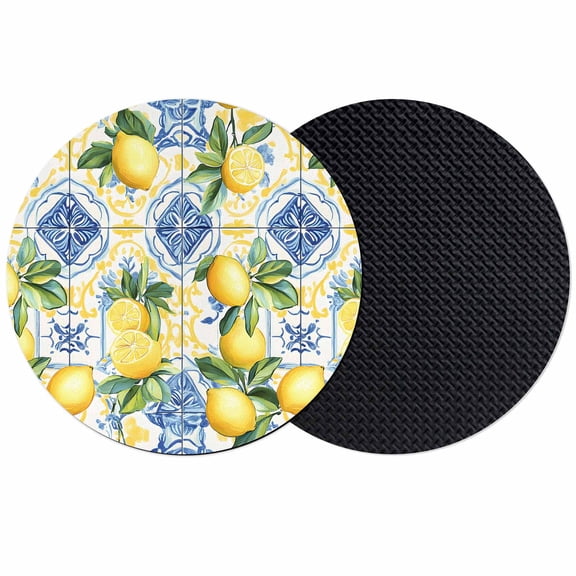 Botanical Lemon Coasters Set of 2, Spring Countryside Floral Blue Tile Absorbent Coasters for Drinks, Coaster for Bar Office Dining Coffee Table Accessories Decor, Non Slip Round Desk Coaster