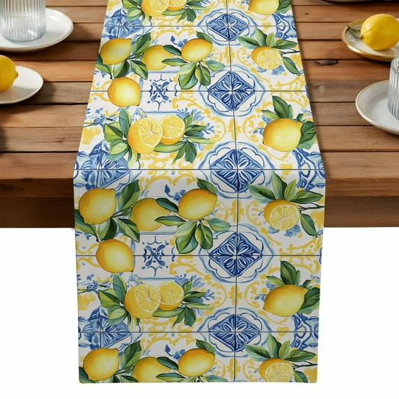 Botanical Lemon Cotton Linen Table Runner for Dining Kitchen, Spring Countryside Floral Blue Tile Wedding Outdoor Party Tablerunners Decoration, Dresser Scarf Coffee Tablecloth Runners 13x72 Inches