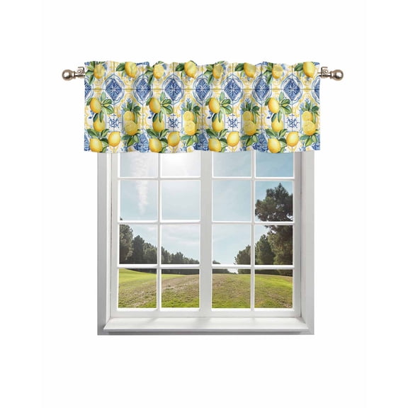 Botanical Lemon Curtain Valance for Windows/Living Room/Kitchen/Bathroom/Café, Short Rod Pocket Tier Curtain Window Treatment Panel Spring Countryside Floral Blue Tile Topper Curtain 60''x18''