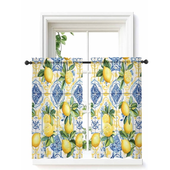 Botanical Lemon Curtains 45 Inch Length, Sheer Curtains for Bedroom Living Room Window Spring Countryside Floral Blue Tile Rod Pocket Voile Drapes Kitchen Curtains Small Half Window 42"x45" 2 Panels