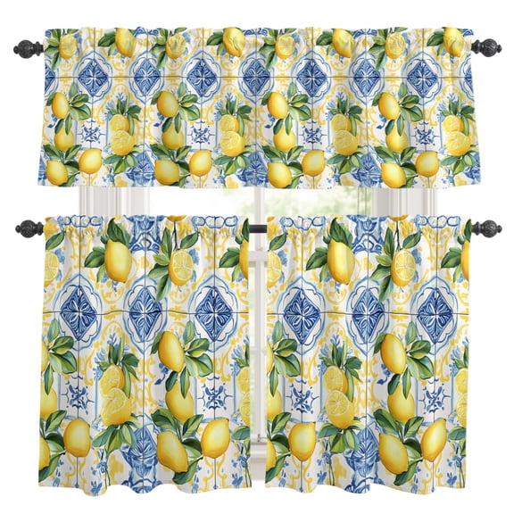 Botanical Lemon Kitchen Curtains, Kitchen Curtains and Valances Set of 3, Spring Countryside Floral Blue Tile Light Filtering Tailored Tier Curtain 24 Inch Length Drapes for Cafe Sink Bedroom