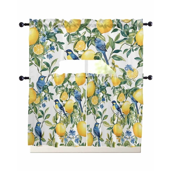 Botanical Lemon Kitchen Curtains Set for Windows 3 Piece Cafe Curtains 36 Inch Length Swag Curtains Valances and Tier Set Watercolor Blue Birds Green Leaves Drapes for Bedroom Bathroom Living Room