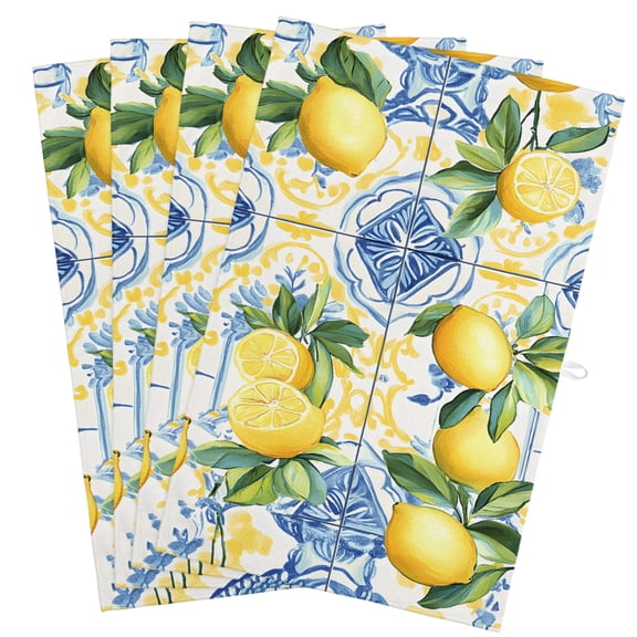 Botanical Lemon Kitchen Towels, Absorbent Microfiber Kitchen Dish Hand Tea Bath Towel, Spring Countryside Floral Blue Tile Quick Dry Cleaning Cloth Dishclothes Decorative Sets, (4-PC, 18x28)