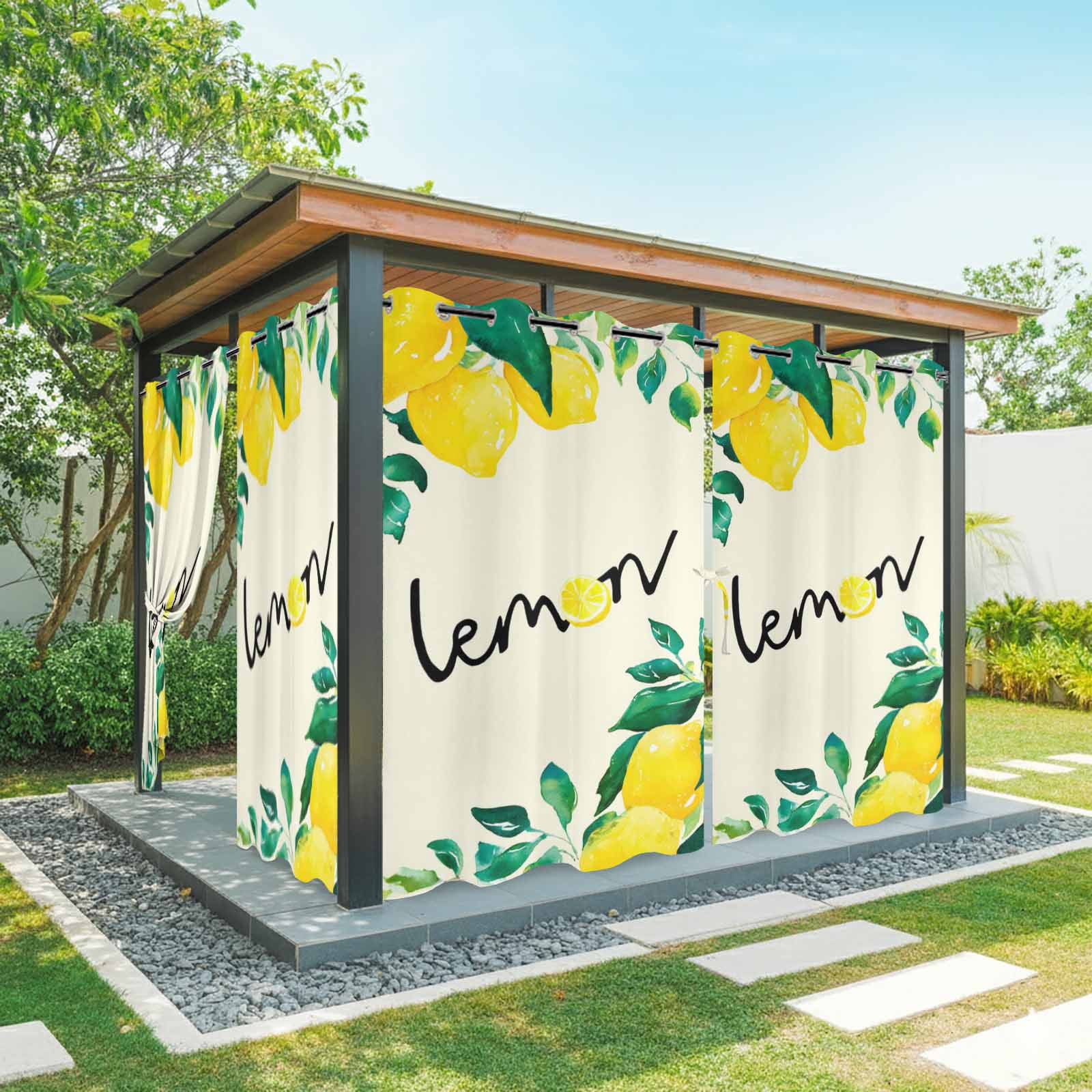 Botanical Lemon Outdoor Curtains for Patio, Watercolor Yellow Fruit Green Leaves Plant Sunshade Privacy Drapes Grommet Waterproof Outside Curtains for Porch/Cabana/Balcony 54"x 108", 1 Panel