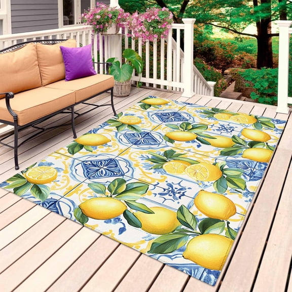 Botanical Lemon Outdoor Rug 5x7 Ft, Non Slip Washable Area Rug, Spring Countryside Floral Blue Tile Patio Rugs Carpet Runner, Large Floor Mat for Indoor/Outdoor Deck Porch Camping